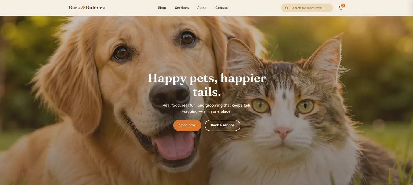 Bark & Bubbles pet shop homepage screenshot